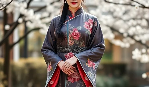 A woman wearing traditional Eastern-style clothing, such as a flowing silk kimono or cheongsam with intricate floral patterns, standing in a serene garden with cherry blossom trees, soft natural lighting, elegant posture, detailed fabric textures, and cultural authenticity