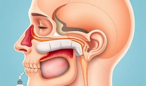 A detailed medical illustration showing the human sinus system with focus on the maxillary sinuses, depicting inflammation and mucus buildup characteristic of sinusitis (гайморит), with subtle visual indicators of treatment such as nasal spray, warm compress, and antibiotics nearby, all in a clean, educational, smallHQ style