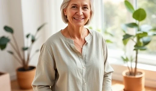 A serene portrait of a mature woman aged 45-55, standing in soft natural light near a window with indoor plants, wearing a comfortable linen blouse, smiling gently, with subtle signs of aging like fine lines and silver hair, conveying vitality, self-care, and emotional well-being; background includes a yoga mat, a glass of water, and an open book on mindfulness, all in a calm, warm, minimalist interior setting
