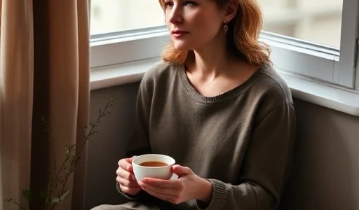 A thoughtful woman sitting by a window in soft natural light, holding a cup of tea, with a calm and introspective expression, surrounded by subtle symbols of emotional well-being like a small potted plant and an open journal, muted earth tones, gentle atmosphere, no text or labels