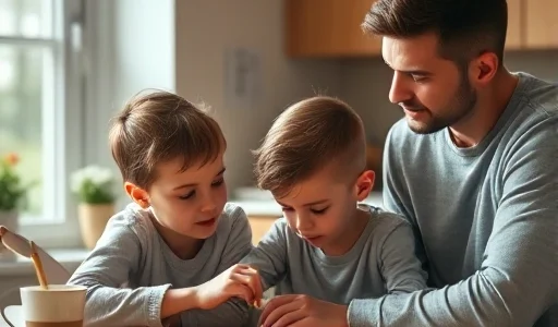 A warm, realistic scene of a family with an autistic child sitting together at a kitchen table, the child focused on a sensory toy while parents gently support them with calm expressions, soft natural light from a window, subtle details showing emotional connection and quiet understanding, no text or symbols visible