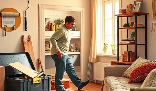 A cozy, well-lit home interior showing a person doing DIY home repairs on a budget — painting a wall with a roller, fixing a leaky faucet with basic tools, laying inexpensive laminate flooring, and using recycled materials like pallet wood for a shelf. The scene includes a toolbox with affordable tools, a paint can labeled 'budget friendly', and a notebook with handwritten cost estimates. Warm natural light from a window, modest furniture, and a sense of accomplishment. No luxury items, no expen
