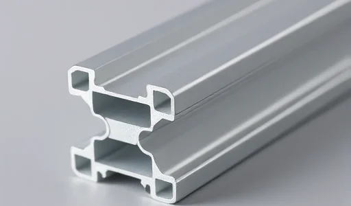 A high-quality close-up of a structural aluminum profile with a smooth metallic surface, showing its cross-sectional shape with grooves and flanges, placed on a neutral gray background, professional product photography, sharp focus, realistic lighting, no reflections or glare