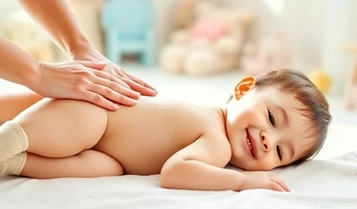 A gentle pediatric massage scene: a smiling child lying on a soft blanket, receiving a soothing back massage from a caring adult with warm, attentive hands, in a calm, sunlit room with pastel colors, soft toys in the background, natural lighting, no text or symbols