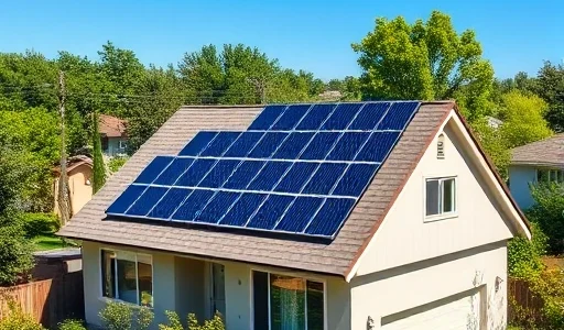 A modern residential home with solar panels installed on the roof, surrounded by a peaceful suburban neighborhood with green trees and clear blue sky, sunlight reflecting off the panels, no people visible, realistic photographic style, high detail, natural lighting