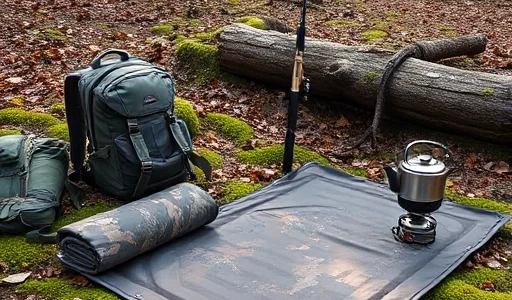 A set of durable outdoor mats designed for tourists, hunters, and fishermen, placed on a natural forest clearing with mossy ground, fallen leaves, and soft morning light filtering through trees. One mat is folded neatly beside a backpack, another is partially unrolled near a fishing rod leaning against a log, and the third is laid out under a small camping stove with a kettle. The mats are made of rugged, water-resistant material with subtle camouflage or earth-tone patterns, showing texture and