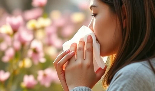 A person gently holding a tissue while looking at blooming spring flowers in a soft-focus background, symbolizing seasonal allergy relief, with subtle pollen particles floating in the air, natural lighting, calm and hopeful mood