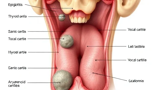 A detailed medical illustration of laryngeal neoplasms showing abnormal growths on the vocal cords and surrounding laryngeal tissues, with clear anatomical labels of the epiglottis, thyroid cartilage, and arytenoid cartilages, rendered in a clean, high-resolution scientific style suitable for educational use