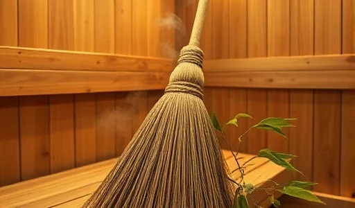 A traditional Russian birch broom (venik) placed on a wooden bench inside a steamy sauna, with soft golden light filtering through wooden walls, steam rising gently, and birch leaves detailed and natural, evoking a peaceful, authentic banya atmosphere