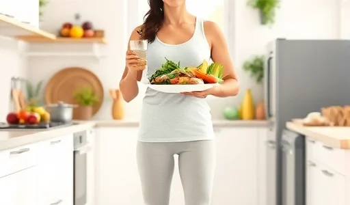 A healthy, active person of average build standing confidently in a bright, modern kitchen, holding a glass of water and a plate with fresh vegetables and lean protein, surrounded by fruits, whole grains, and a yoga mat rolled nearby, soft natural morning light through a window, realistic style, no text or labels