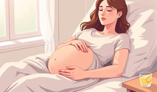 A serene, realistic illustration of a pregnant woman resting peacefully on a soft bed, wearing a loose comfortable dress, with gentle natural light coming through a window. She has a calm expression, one hand resting on her belly, the other relaxed by her side. Subtle signs of mild nausea are implied by a small glass of water and a slice of lemon on the nightstand nearby, but no overt distress. The atmosphere is warm, quiet, and supportive — emphasizing care and tranquility during pregnancy comp