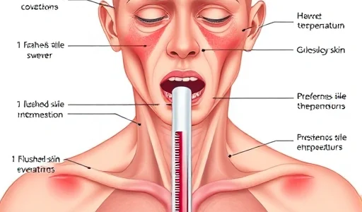 A detailed medical illustration showing a human body with fever symptoms: elevated temperature indicated by a thermometer in the mouth, flushed skin, sweating, and subtle visual cues of inflammation like reddened areas around the forehead and joints, all rendered in a clean, educational smallHQ style with soft lighting and anatomical accuracy