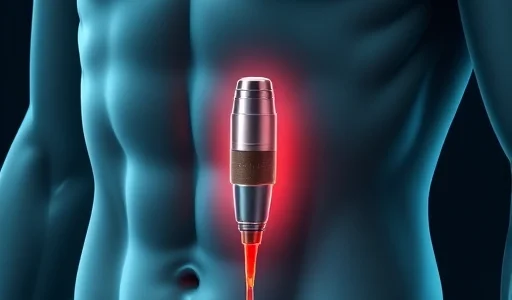 A medical illustration showing a flaccid penis with a penile prosthesis implant, focusing on the anatomical placement of the device within the corpora cavernosa, with subtle shading to indicate tissue layers, no text or labels, realistic style, soft lighting