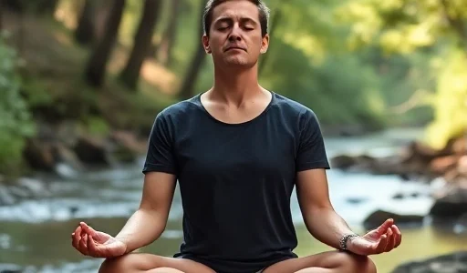 A person sitting calmly in a peaceful natural setting, such as a quiet forest or by a gentle stream, practicing deep breathing or meditation, with soft sunlight filtering through trees, conveying a sense of inner calm and stress relief