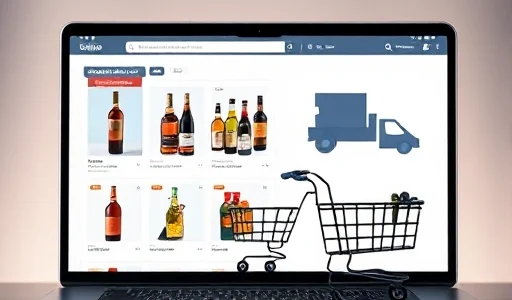 A modern laptop screen displaying an online alcohol store interface with bottles of wine, whiskey, and beer visible in the product listings, a shopping cart icon with items inside, and a delivery truck silhouette in the background, all rendered in a clean, minimalist digital aesthetic with soft lighting and subtle gradients