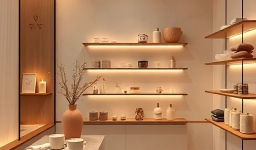 A tasteful and artistic representation of an intimate lifestyle boutique in Shymkent, featuring elegant displays of sensual products like silk lingerie, aromatic candles, and minimalist wellness items, warm ambient lighting, modern Kazakh-inspired interior design with subtle cultural motifs, no explicit content, focus on sophistication and privacy