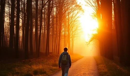 A serene, hopeful scene of a person walking along a quiet forest path at sunrise, wearing simple comfortable clothing, with soft golden light filtering through trees, symbolizing recovery and renewal; no text, no letters, no digits, no medical equipment, no bottles, no signs of intoxication