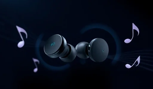 A pair of sleek, high-end wireless Technics earbuds floating in mid-air with soft glowing musical notes and sound waves radiating from them, set against a dark, elegant background with subtle gradients of deep blue and silver, emphasizing premium audio quality and modern design, ultra-detailed, photorealistic, studio lighting