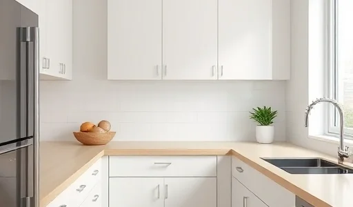 A modern kitchen interior featuring MDF window sills and countertops, showcasing their smooth finish, natural wood-like texture, and seamless integration with white cabinets and stainless steel appliances, soft natural lighting from a nearby window, minimalist design, high detail, photorealistic