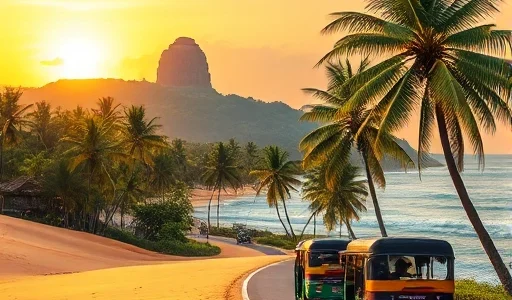 A vibrant tropical scene of Sri Lanka featuring a golden sandy beach with palm trees swaying in the breeze, ancient Buddhist temple ruins like Sigiriya Rock in the background, colorful tuk-tuks on a winding coastal road, and a serene sunset over the Indian Ocean with gentle waves — no text, no signs, no people, no modern buildings, no vehicles other than tuk-tuks, no logos, no watermarks