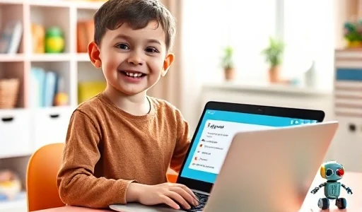 A cheerful child sitting at a colorful desk with a laptop showing simple code blocks and animated characters, surrounded by playful educational toys like robot kits and puzzle games, bright natural light from a window, modern cozy room with pastel walls and shelves filled with books and science models, warm and inviting atmosphere, focus on engagement and curiosity in learning programming