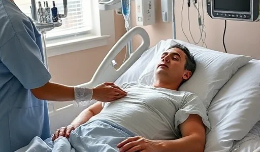A medical professional administering an intravenous drip to a person lying in a hospital bed, showing signs of recovery from alcohol intoxication, with medical equipment like IV stand, saline bag, and monitor nearby, soft natural lighting, realistic style, focus on care and healing