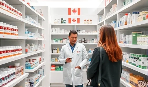 A modern pharmacy interior with clean white shelves displaying medicine bottles, a pharmacist in a white coat assisting a customer, soft natural lighting, subtle Canadian flag colors in the decor, professional and trustworthy atmosphere