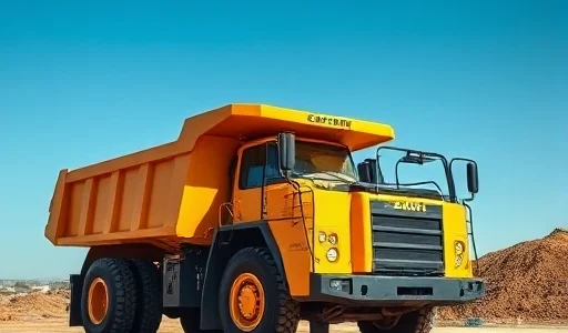 A modern yellow dump truck parked on a construction site with dirt and gravel around, under a clear blue sky, showing its large bed and sturdy wheels, realistic lighting, detailed textures, professional photography style