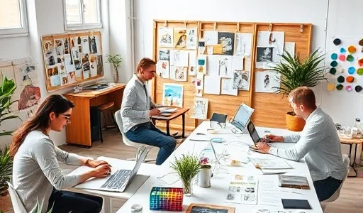 A modern design studio interior with creative professionals collaborating at desks, sketching ideas, using tablets and laptops, surrounded by mood boards, color palettes, and design prototypes, bright natural light from large windows, minimalist aesthetic with warm wood accents and green plants, conveying innovation and teamwork