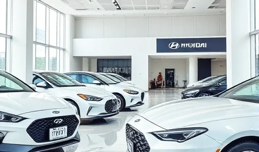 A modern car dealership showroom in South Korea featuring sleek Korean-made vehicles like Hyundai, Kia, and Genesis models under bright indoor lighting, with subtle Korean architectural elements in the background, clean minimalist design, no people visible, focus on car exteriors and interior details visible through windows