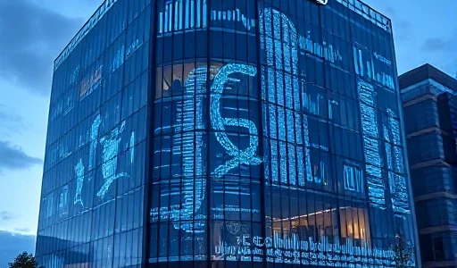 A futuristic tech company headquarters with sleek glass architecture, glowing blue energy lines flowing through the structure, digital holographic displays showing abstract data streams, and a subtle emblem resembling a stylized 'ИКСЭП' in metallic silver on the facade, surrounded by a clean urban landscape at dusk with soft ambient lighting, conveying innovation and next-generation technology