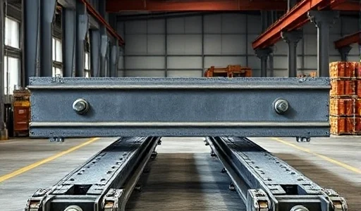 A set of heavy-duty cargo traverses (traversing beams) made of steel, positioned horizontally on a flat industrial surface, with visible bolted connections and load-bearing structure, in a warehouse or logistics facility background, realistic lighting, high detail, no text or labels