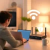 A modern home office setup with a person using a laptop, showing a strong Wi-Fi signal icon, a router with blinking lights, and a shield symbol representing security, all in a clean, professional, and trustworthy visual style