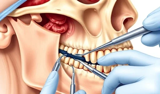 A detailed medical illustration of oral and maxillofacial surgery, showing a surgeon performing a procedure on the jaw and facial bones, with anatomical precision, soft tissue and bone structures visible, surgical instruments in use, sterile field, realistic lighting, no text or labels