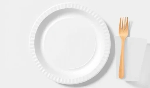 A clean, minimalist illustration of disposable tableware including a white paper plate, a clear plastic cup, and a wooden fork arranged neatly on a light gray background, with soft natural lighting and subtle shadows to emphasize simplicity and eco-friendly design