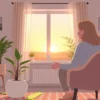 A hopeful scene showing a person receiving support from a counselor in a calm, bright therapy room, with symbols of recovery like a growing plant and a sunrise visible through the window, conveying healing and renewal
