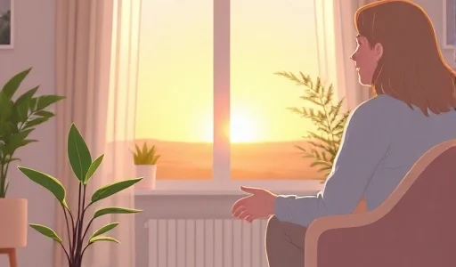 A hopeful scene showing a person receiving support from a counselor in a calm, bright therapy room, with symbols of recovery like a growing plant and a sunrise visible through the window, conveying healing and renewal