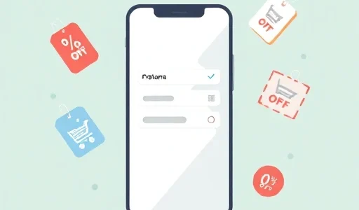 A modern flat design illustration showing a smartphone screen displaying an online store with visible promo code and coupon fields, surrounded by floating discount tags, shopping cart icons, and percentage-off badges in a clean, minimalist style with soft gradients and subtle shadows