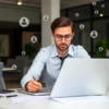 A professional HR specialist reviewing resumes on a laptop in a modern office, with subtle icons of people and documents floating around, representing the concept of personnel selection or recruitment