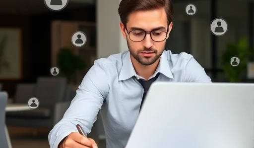 A professional HR specialist reviewing resumes on a laptop in a modern office, with subtle icons of people and documents floating around, representing the concept of personnel selection or recruitment
