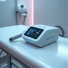 A modern medical device for shockwave therapy, sleek and professional design, handheld applicator with ergonomic grip, digital display showing treatment parameters, placed on a clean white medical table with soft ambient lighting, subtle reflections on the surface, minimalistic clinical environment, high detail, realistic rendering