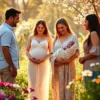 A serene, softly lit scene showing a diverse group of people — a hopeful couple holding hands, a pregnant woman smiling gently, and a newborn baby cradled in warm blankets — standing together in a sunlit garden with blooming flowers and soft natural light, symbolizing hope, connection, and the emotional journey of surrogacy, without any text, symbols, or medical equipment visible
