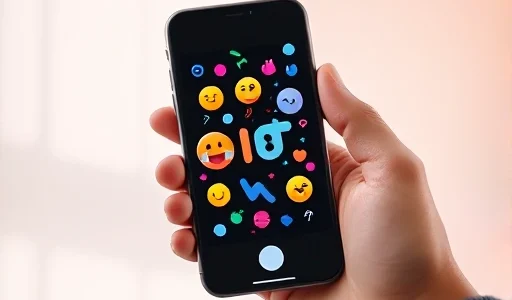 A smartphone screen displaying a colorful animated GIF with playful emojis and abstract shapes, held in a person's hand against a soft blurred background, modern and vibrant aesthetic
