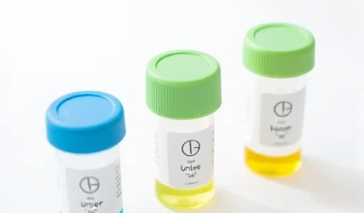 A set of small, clean, modern medical containers for collecting biological samples, arranged neatly on a white laboratory surface. The containers are transparent with colored lids (blue, green, yellow), each labeled with simple icons indicating sample type (blood, urine, saliva). Soft natural lighting, shallow depth of field, minimalistic and clinical aesthetic, no text or numbers visible on labels or containers.