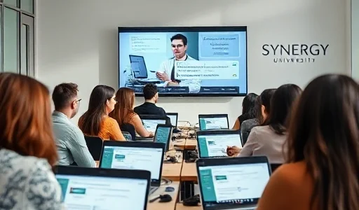 A modern university classroom with students attending a remote management lecture via laptops, showing a professor on a large screen discussing business concepts, with the Synergy University logo subtly visible in the background, bright natural lighting, diverse group of students, professional atmosphere, no text or signs visible