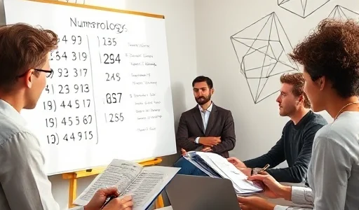 A professional numerology training session in a modern classroom setting, showing a diverse group of adults engaged in learning: one person writing numerology charts on a whiteboard with symbolic numbers and life path calculations, another holding an open textbook on numerology theory, a third practicing with birth date cards, and a fourth using a laptop with digital numerology software — all surrounded by subtle geometric patterns and sacred geometry motifs in the background, soft natural light