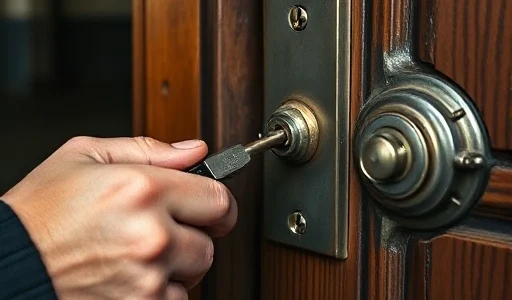 A professional locksmith in Moscow quickly opening a door lock with specialized tools, urban background with subtle city elements, sense of urgency and efficiency, realistic lighting, detailed textures on metal and wood, no people's faces visible, focus on hands and lock mechanism