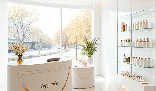 A modern, elegant beauty clinic interior in Nizhny Novgorod, featuring soft natural lighting, minimalist white and gold decor, a reception desk with the 'Архимед' logo subtly engraved, a treatment room with a comfortable massage bed, skincare products displayed on glass shelves, and a large window showing a quiet urban street with autumn trees outside. The atmosphere is serene, professional, and welcoming, emphasizing wellness and refined aesthetics.