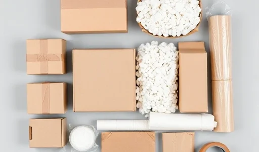A clean, modern flat lay of various packaging materials including cardboard boxes, bubble wrap, packing peanuts, kraft paper, plastic wrap, and adhesive tape, arranged neatly on a light gray surface with soft natural lighting, minimal shadows, and high detail — suitable for an educational article on packaging types and tips