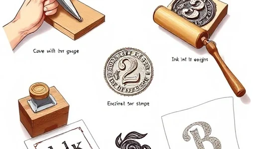 A detailed illustration showing the process of making a stamp: a hand carving a rubber stamp with a gouge tool, a close-up of the engraved design, ink being applied with a roller, and the final stamped impression on paper, all arranged in a clean, educational layout with soft lighting and neutral background